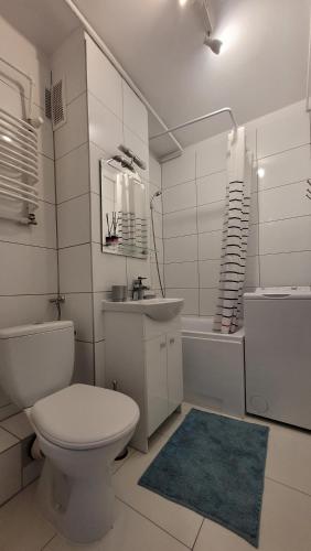 bagno bianco con servizi igienici e lavandino di Lovely flat in heart of Wroclaw a Breslavia