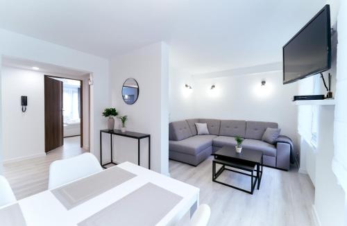 ein Wohnzimmer mit einem Sofa und einem TV in der Unterkunft Apartament Horyzont 3 Mariańska in Polanica-Zdrój