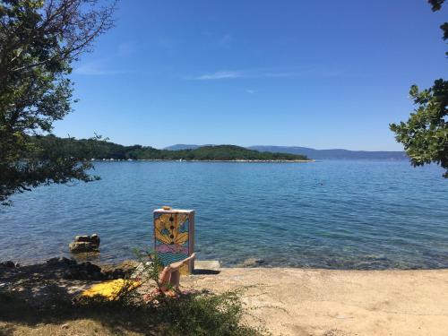a person sitting on the shore of a body of water at Apartman Kora in Njivice