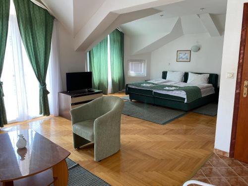 ein Schlafzimmer mit einem Bett und einem Stuhl in der Unterkunft Vila Luka in Ohrid