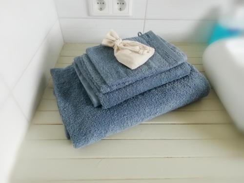 a couple of towels sitting on top of a bathroom floor at Haus Ferchen in Enge-Sande