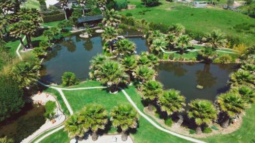an overhead view of a park with palm trees and ponds at Refúgio do Lago in Frossos