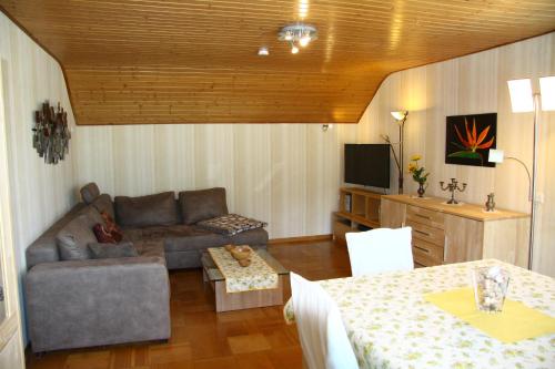 uma sala de estar com um sofá e uma televisão em Ferienwohnung Klosterblick em Homburg