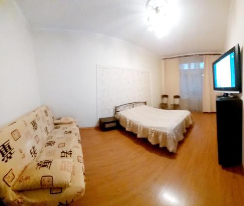 - une chambre avec un lit, un canapé et une télévision dans l'établissement Apartment on Skorykovskyi Lane 4, à Dnipro