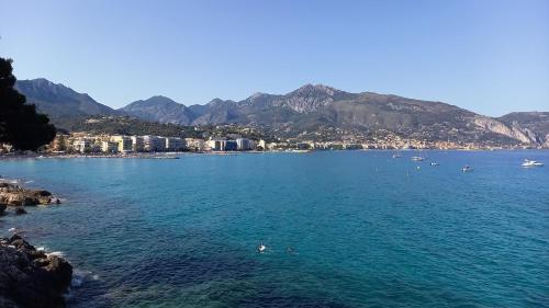 a large body of water with mountains in the background at Résidence Le Bonaparte in Roquebrune-Cap-Martin