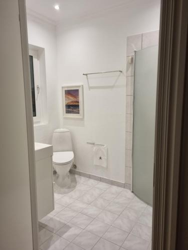 y baño con aseo y lavamanos. en Løkken centrum ferielejlighed-apartment 4E, en Løkken