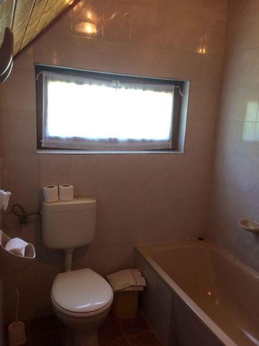 a bathroom with a toilet and a tub and a window at Apartment Orvenyes 1 in Örvényes