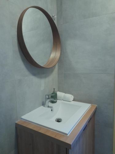 ein Badezimmer mit einem weißen Waschbecken und einem Spiegel in der Unterkunft Apartament Koninki in Koninki