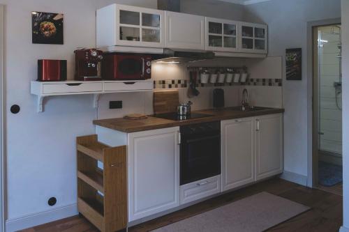 a kitchen with white cabinets and a counter top at ExklusiveWohnung mitten in der Natur - Ruth's Nest in Bäbelin