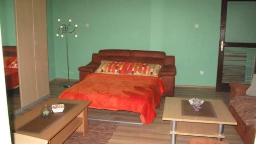 a bedroom with a bed with a red bedspread at Lelita in Bela Crkva