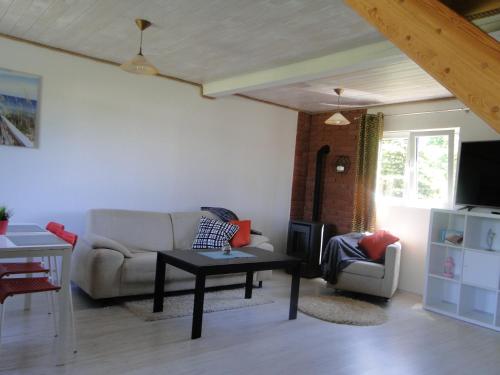 a living room with a couch and a table at Domki Zielona Osada in Szczenurze