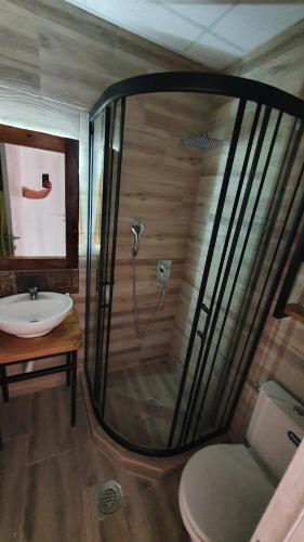 y baño con ducha y lavamanos. en Motel Castello, en Smederevska Palanka