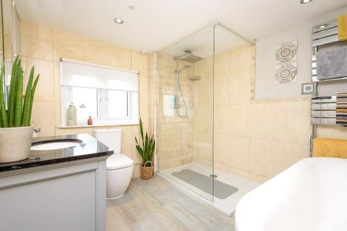 ein Bad mit einer Dusche, einem WC und einem Waschbecken in der Unterkunft Beautiful 3 bedroom cottage in the heart of Looe in Looe
