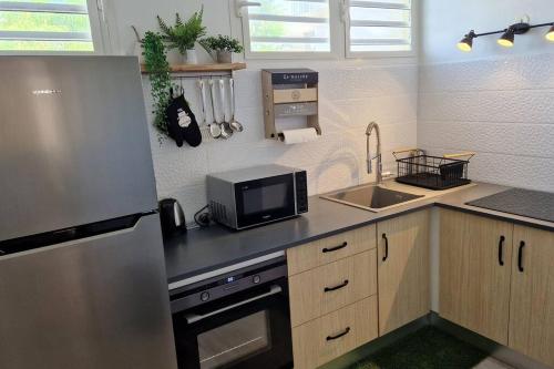 uma cozinha com um lavatório e um micro-ondas em Appartement 500 mètres de la plage à GOSIER em Le Gosier