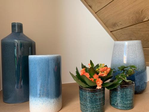 three blue vases sitting on a table with flowers at Vakantiewoning 't Rysselhof in Kaprijke