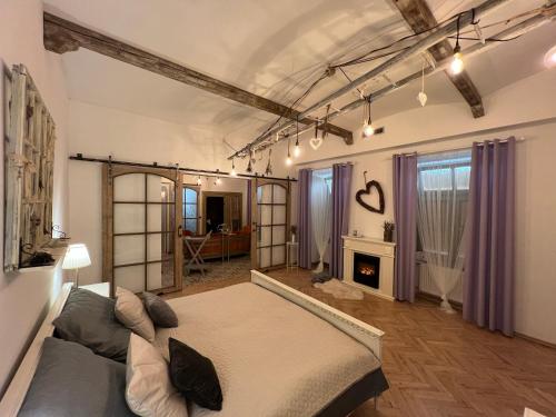 ein Schlafzimmer mit einem großen Bett und einem Kamin in der Unterkunft Dům u lázní in Znojmo