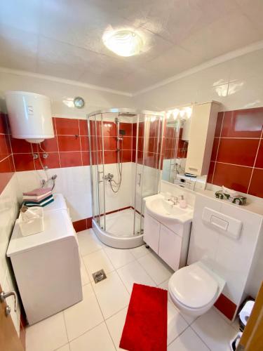 a bathroom with a shower and a toilet and a sink at Guest House Ivano in Mostar