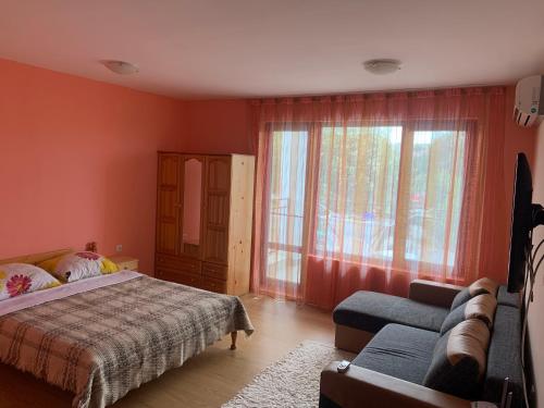 a bedroom with a bed and a couch and a window at Studio Fatinia in Byala