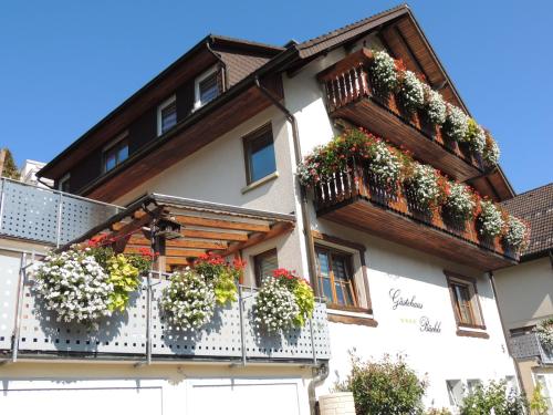 ein Gebäude mit Topfpflanzen auf dem Balkon in der Unterkunft Gästehaus und Ferienwohnung Bächle in Bad Peterstal