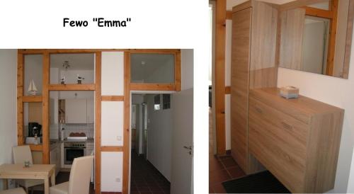 two pictures of a kitchen and a living room at Ferienwohnungen Langenstraße - Altstadt in Stralsund