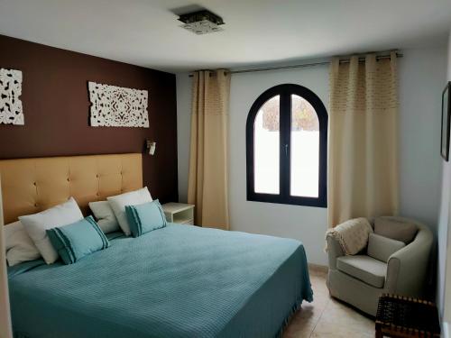 una camera con un letto e una sedia e una finestra di Flor De Cactus a Costa Teguise