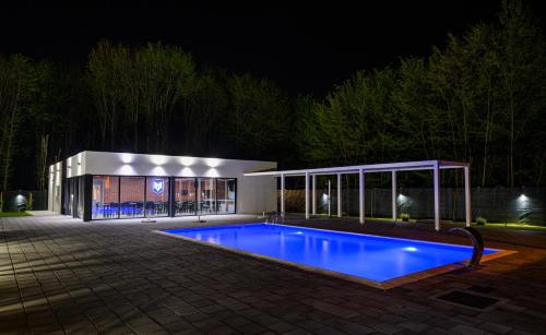 a swimming pool in front of a building at night at Villa Hills in Bijeljina