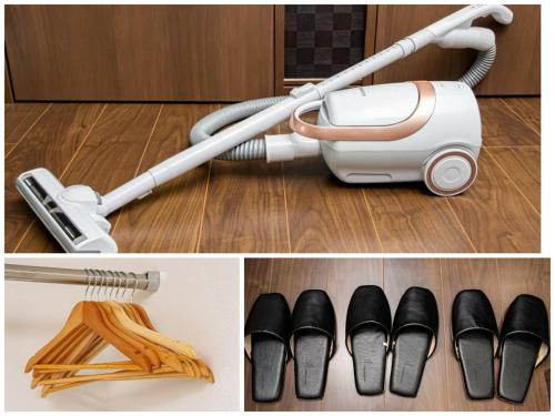 a collage of pictures with a vacuum cleaner and shoes at Vacation Rental NISHIDA in Kagoshima