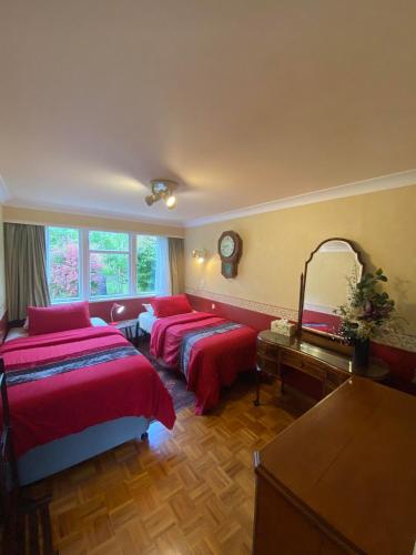 a bedroom with two beds and a mirror at Twin Totara Cottage in Upper Hutt