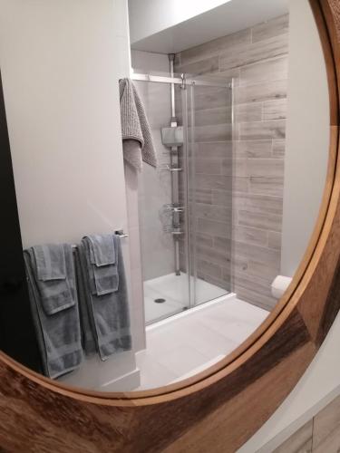 a bathroom with a shower with a mirror at loft in the mountains, near Bromont in Shefford