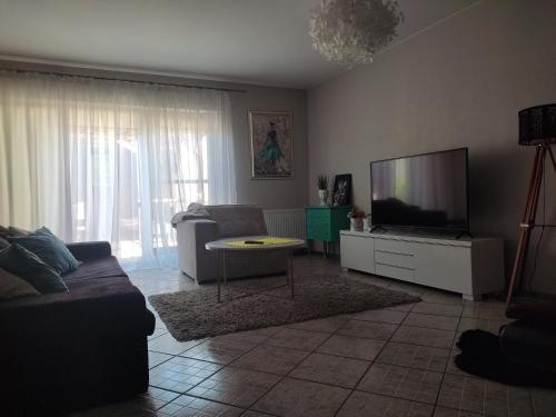 a living room with a couch and a tv at Apartments near old town with private parking in Kaunas