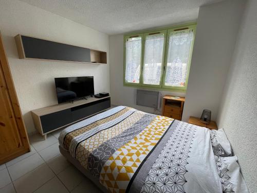 Schlafzimmer mit einem Bett und einem Flachbild-TV in der Unterkunft Logement de la ressource in Salins-les-Bains
