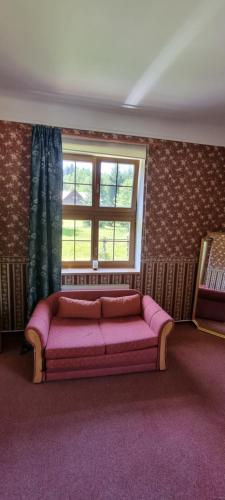 a pink couch in a room with a window at Horské ubytování Královský dvůr na Bílém potoce in Hamry