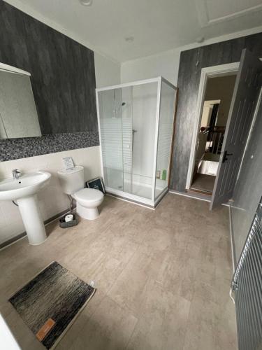 a bathroom with a sink and a toilet and a shower at Bentley Place in Crewe
