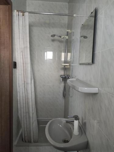 a bathroom with a sink and a shower with a mirror at Füvesi Vendégház in Balatonfüred