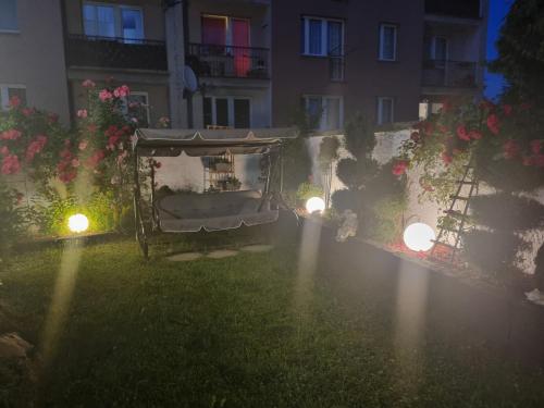 a view of a yard at night with lights at Vasco in Racibórz