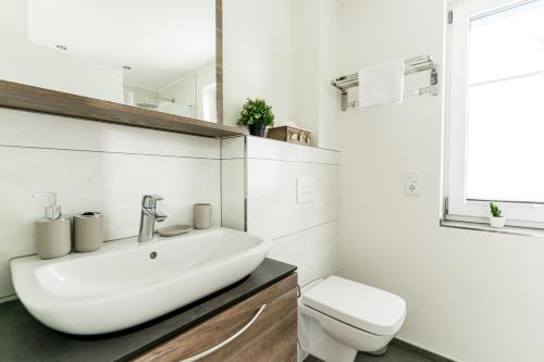 ein weißes Bad mit einem Waschbecken und einem WC in der Unterkunft My Lodge Winterberg in Winterberg