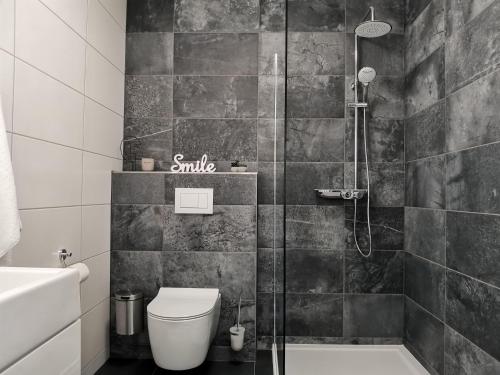 a bathroom with a shower and a toilet at Apartmány Černý vlk, Borová Lada in Borová Lada