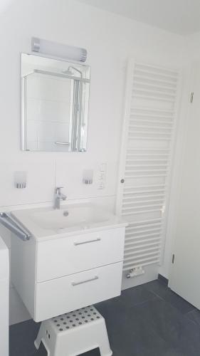 La salle de bains blanche est pourvue d'un lavabo et d'un miroir. dans l'établissement Ferienwohnung Höchberg, à Höchberg