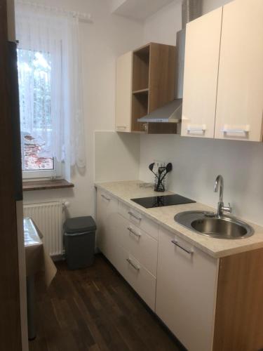 a white kitchen with a sink and a window at Hotellerie Gasthaus Schubert in Garbsen