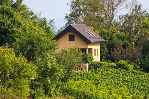 una pequeña casa amarilla en un campo de árboles en Počitniška hiška pod Hadikom, en Lendava