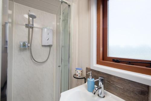 a bathroom with a shower and a sink with a sink at Cow Parsley Shepherd's Hut in Berwick-Upon-Tweed