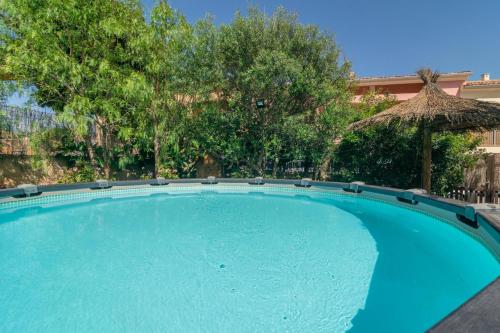 a large blue swimming pool with a straw umbrella at Ca na Clar in Sa Ràpita