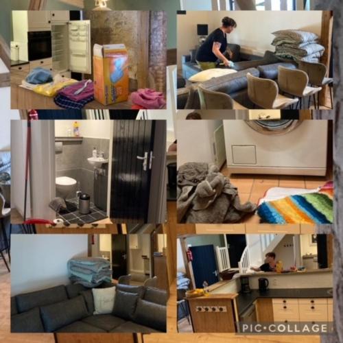 a collage of photos of a living room and a house at Luxe, landelijke vakantiewoning der alte Birnenbaum Duitsland-Sankt Wendel in Sankt Wendel