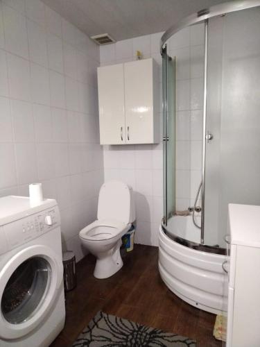 a bathroom with a washing machine and a toilet at Квартира у моря в Абхазии Сухум in Sukhum