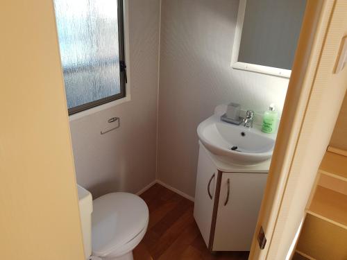a bathroom with a white toilet and a sink at Caravan on Golden Gate Holiday Park in Kinmel Bay