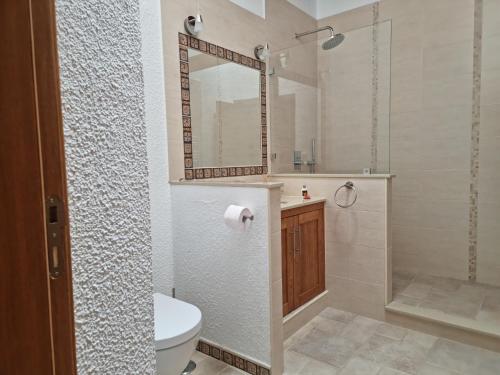 a bathroom with a toilet and a shower with a mirror at Cabanas de Tavira Unique, Luxury 2,5 bedroom House 50 meters to the water in Cabanas de Tavira
