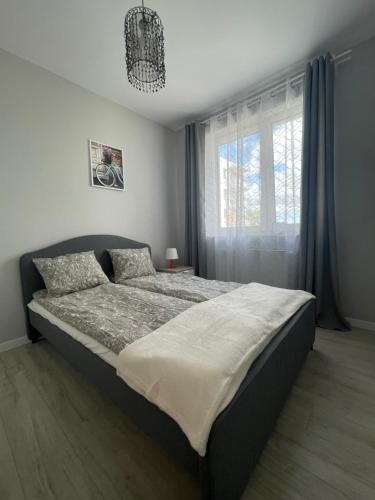 um quarto com uma cama grande e uma janela em Kazimierza Wielkiego 32 em Gdansk
