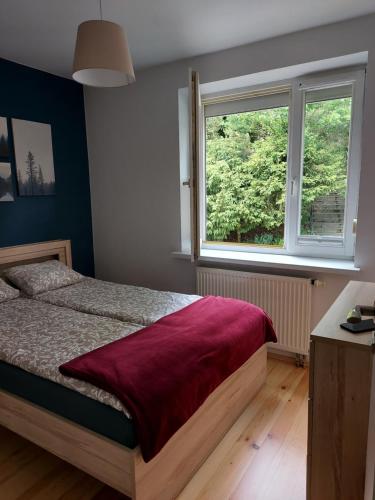 um quarto com uma cama e uma janela em Apartament Rent Home em Krynica Zdrój