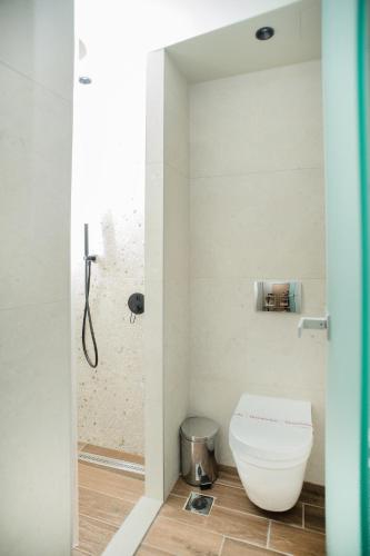 a bathroom with a toilet and a shower at Hotel Pithari in Agia Triada