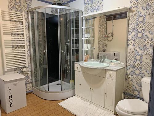 een badkamer met een douche, een wastafel en een toilet bij Le Camp Brousse 